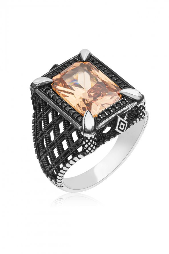 Dikdörtgen Zülfikar Sitrin Taşlı 925 Gümüş Erkek Yüzük - Resim 2