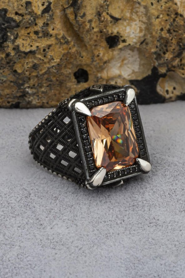 Dikdörtgen Zülfikar Sitrin Taşlı 925 Gümüş Erkek Yüzük - Resim 5