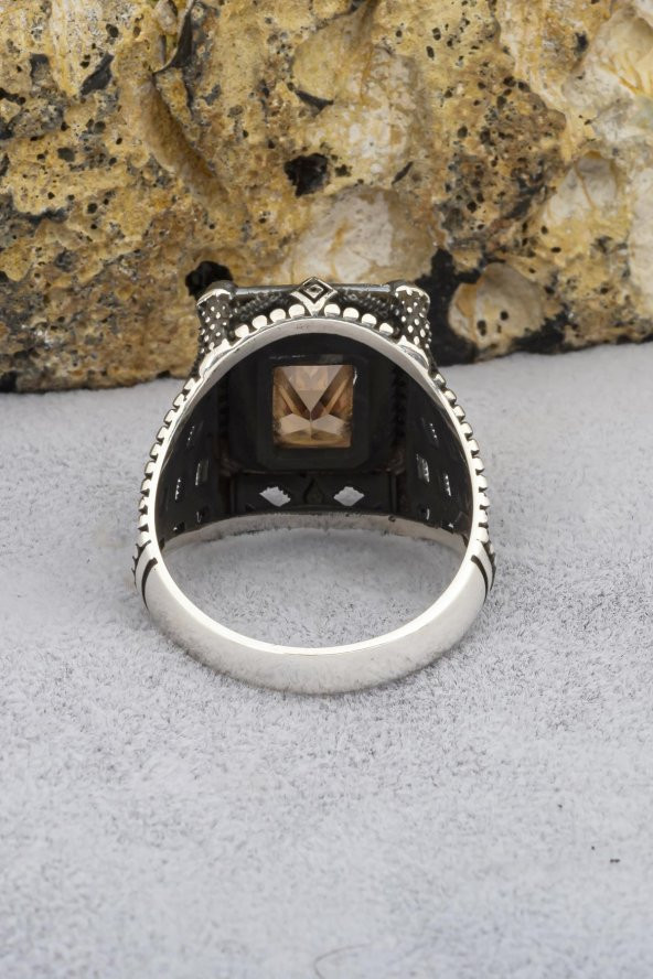 Dikdörtgen Zülfikar Sitrin Taşlı 925 Gümüş Erkek Yüzük - Resim 6