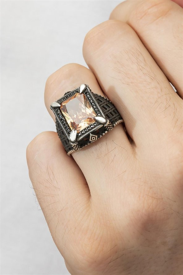 Dikdörtgen Zülfikar Sitrin Taşlı 925 Gümüş Erkek Yüzük - Resim 8