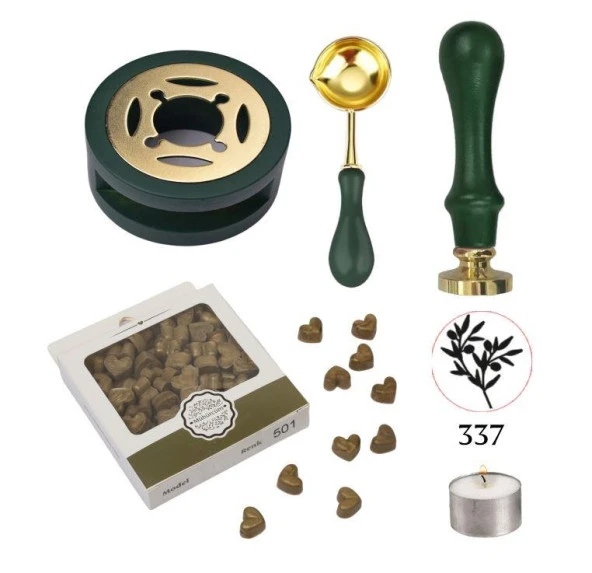 Davetiye Mum Mühürü Uygulama Seti Çim Yeşili Renk 337 Zeytin Dalı ürün görseli