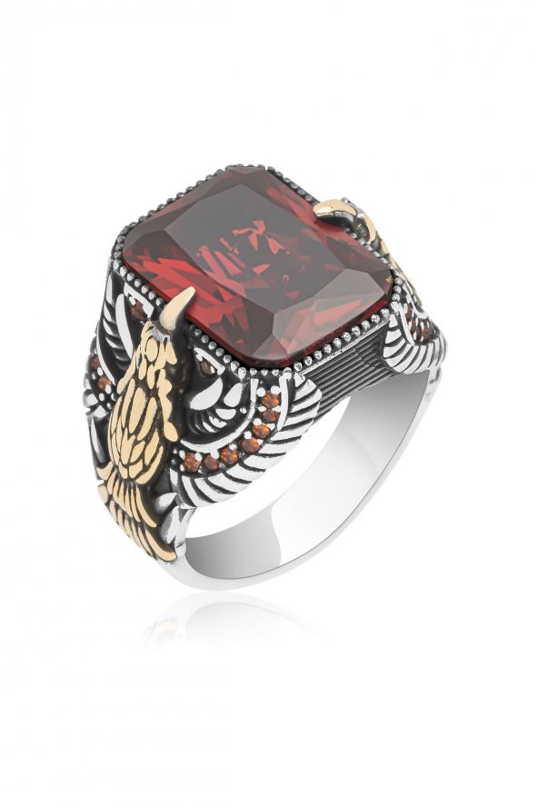 Kartal Motifli Kırmızı Taşlı 925 Gümüş Erkek Yüzük - Resim 2