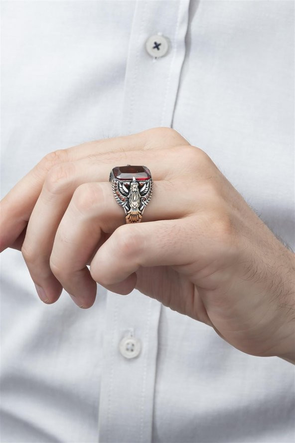 Kartal Motifli Kırmızı Taşlı 925 Gümüş Erkek Yüzük - Resim 3