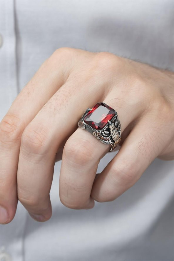 Kartal Motifli Kırmızı Taşlı 925 Gümüş Erkek Yüzük - Resim 4