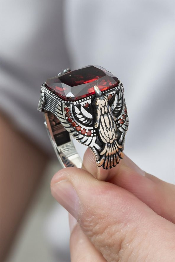 Kartal Motifli Kırmızı Taşlı 925 Gümüş Erkek Yüzük - Resim 6