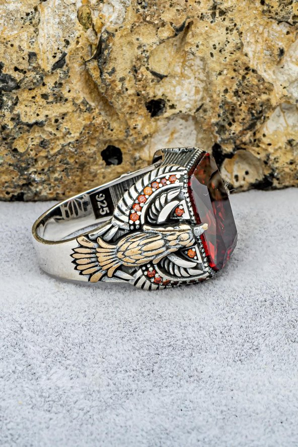 Kartal Motifli Kırmızı Taşlı 925 Gümüş Erkek Yüzük - Resim 7