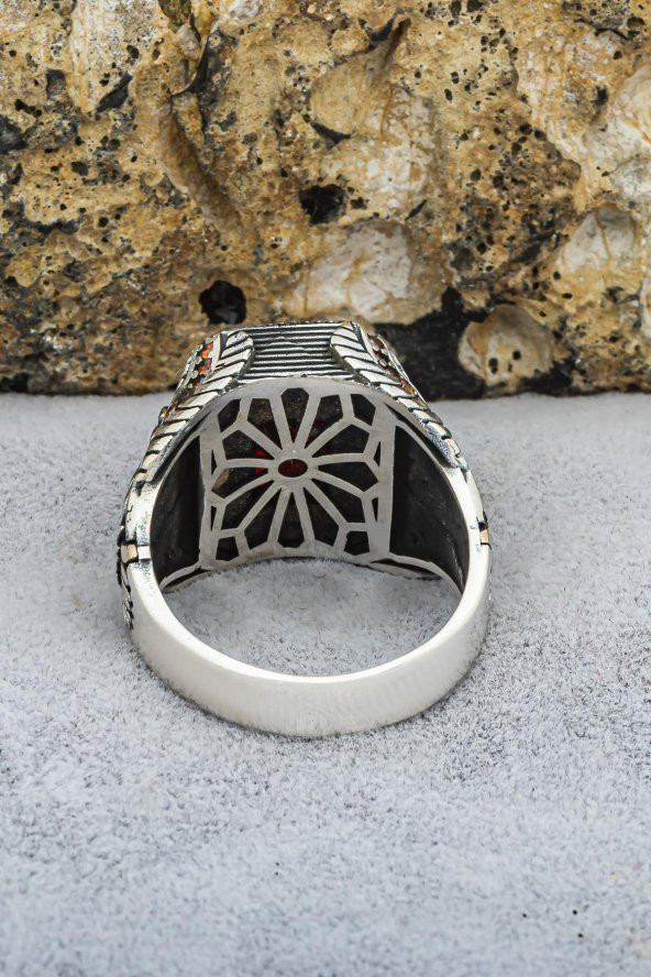 Kartal Motifli Kırmızı Taşlı 925 Gümüş Erkek Yüzük - Resim 8