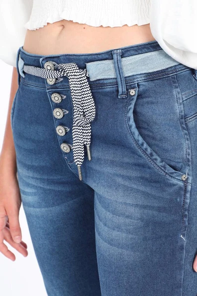Kadın Belden Bağlamalı Jean Pantolon Mavi - Resim 7