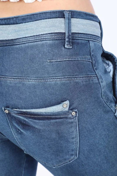 Kadın Belden Bağlamalı Jean Pantolon Mavi - Resim 6