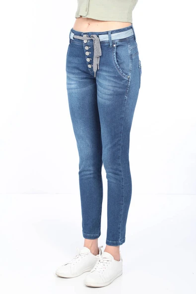 Kadın Belden Bağlamalı Jean Pantolon Mavi - Resim 3