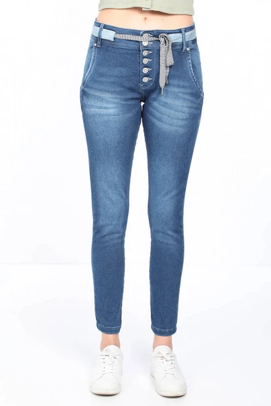 Kadın Belden Bağlamalı Jean Pantolon Mavi - Resim 2