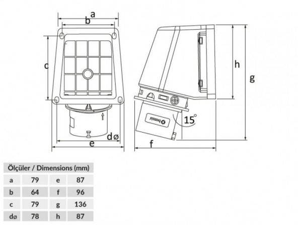 Bemis IP44 CEE Norm 4/16A 90 Derece Eğik Duvar Fiş 380V - 450V BC1-1504-2236 - 2