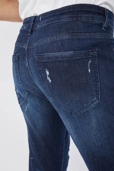 Erkek Skinny Fit Boya Detaylı Jean Koyu Mavi - 5