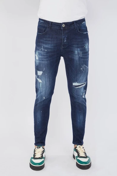 Erkek Skinny Fit Boya Detaylı Jean Koyu Mavi - 2