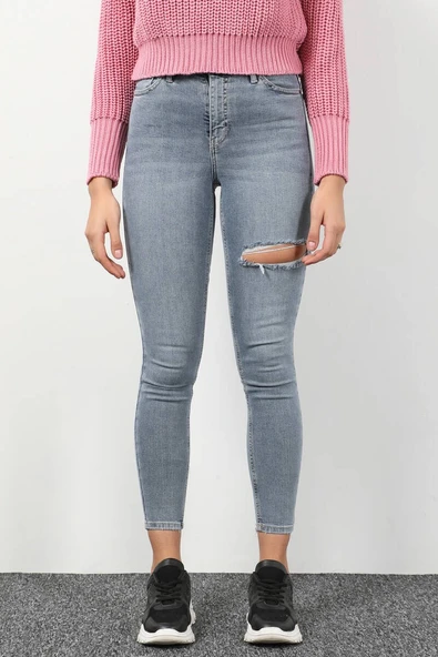 Kadın Yüksek Bel Yırtık Detaylı Skinny Fit Jean Pantolon Mavi - Resim 6