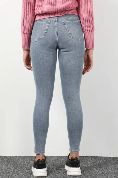 Kadın Yüksek Bel Yırtık Detaylı Skinny Fit Jean Pantolon Mavi - Resim 7