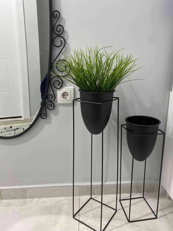 2'li Metal Ayaklı Saksı Çiçeklik Siyah - 3