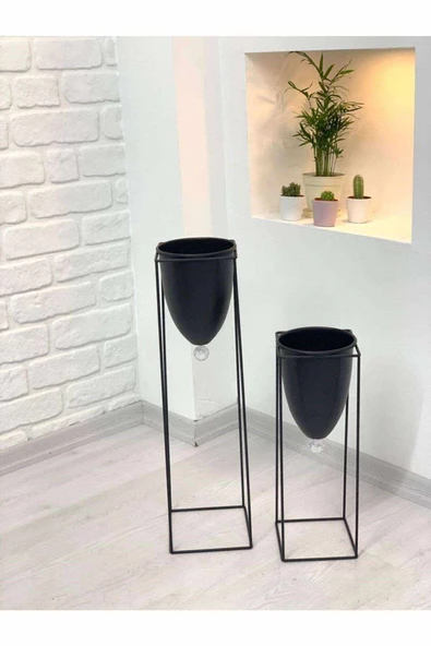 2'li Metal Ayaklı Saksı Çiçeklik Siyah - 5