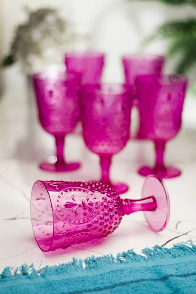 Akrilik Pembe 6lı Kadeh & Su Meşrubat Kahve Yanı Bardağı 450 ml ( Cam Değildir ) - 1