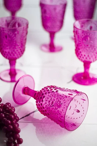 Akrilik Pembe 6lı Kadeh & Su Meşrubat Kahve Yanı Bardağı 450 ml ( Cam Değildir ) - 3