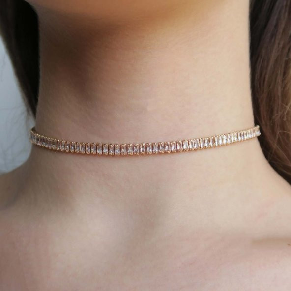 Altın Renk Zirkon Baget Taşlı Choker Kolye - 2114 - 2
