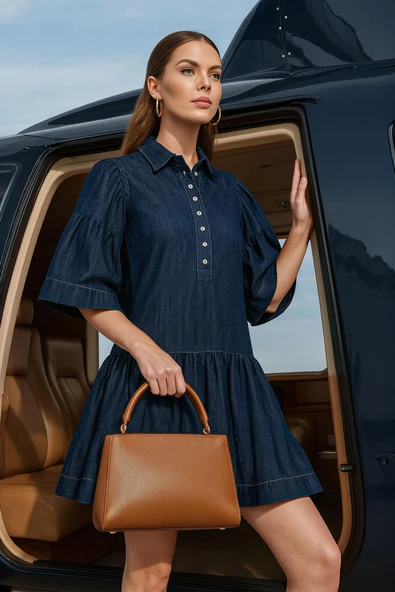 Kadın Fırfırlı Etek Detaylı Jean Elbise Lacivert