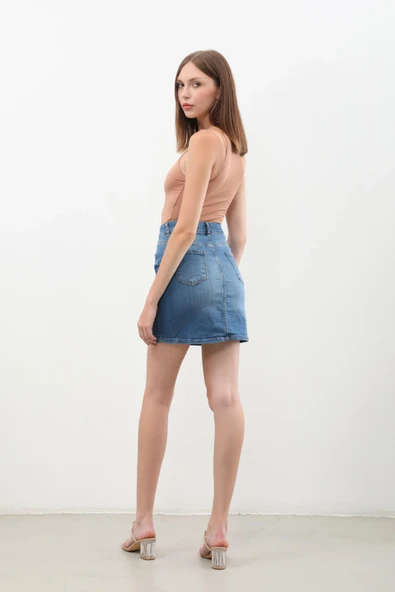 Kadın Mavi Mini Jean Etek - 6