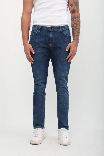 Erkek Mavi Straight Fit Jean Pantolon - Resim 8