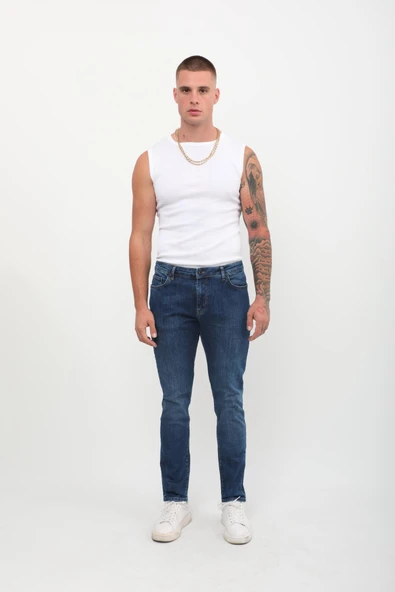Erkek Mavi Straight Fit Jean Pantolon - Resim 6