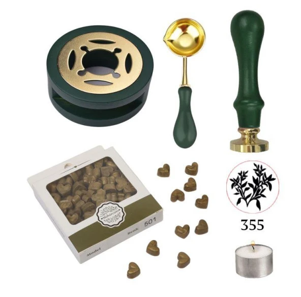 Davetiye Mum Mühürü Uygulama Seti Çim Yeşili Renk 355 Dal Yaprak ürün görseli