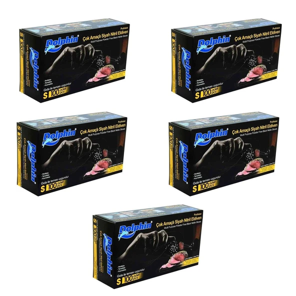 Dolphin Tek Kullanımlık Lateks Siyah Pudrasız Nitril Muayne Eldiveni Small Küçük Boy - 100'lü 5Paket