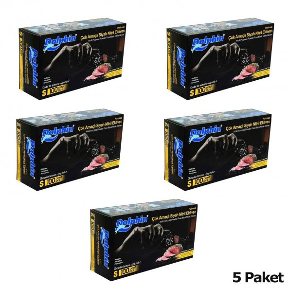 Dolphin Tek Kullanımlık Lateks Siyah Pudrasız Nitril Muayne Eldiveni Small Küçük Boy - 100'lü 5Paket - 2