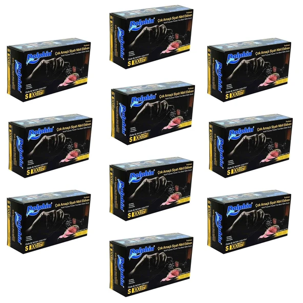 Dolphin Tek Kullanımlık Lateks Siyah Pudrasız Nitril Muayne Eldiveni Small Boy - 100'lü 10 Paket