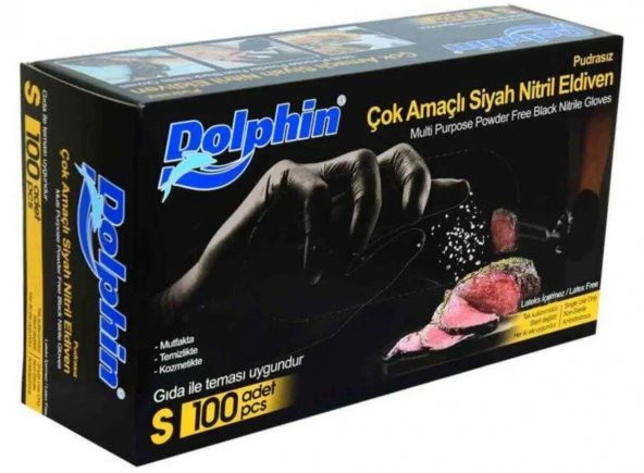 Dolphin Tek Kullanımlık Lateks Siyah Pudrasız Nitril Muayne Eldiveni Small Boy - 100'lü 20 Paket - 2