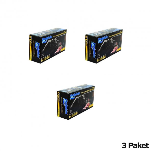 Dolphin Tek Kullanımlık Lateks Siyah Pudrasız Nitril Muayne Eldiveni Meidum Orta Boy - 100'lü 3Paket - 2