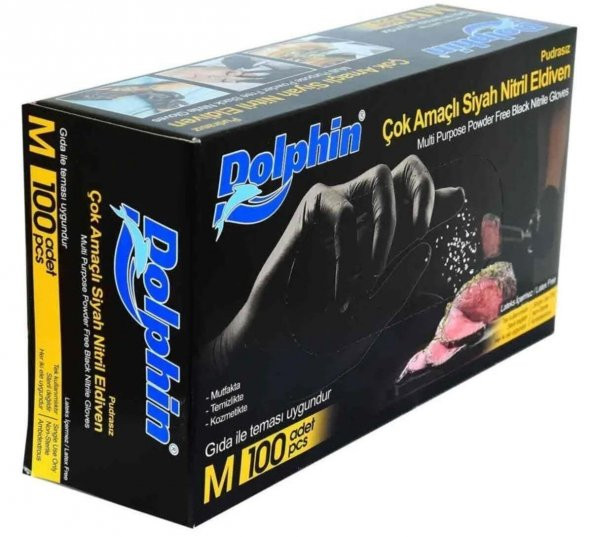 Dolphin Tek Kullanımlık Lateks Siyah Pudrasız Nitril Muayne Eldiveni Meidum Orta Boy - 100'lü 3Paket - 3