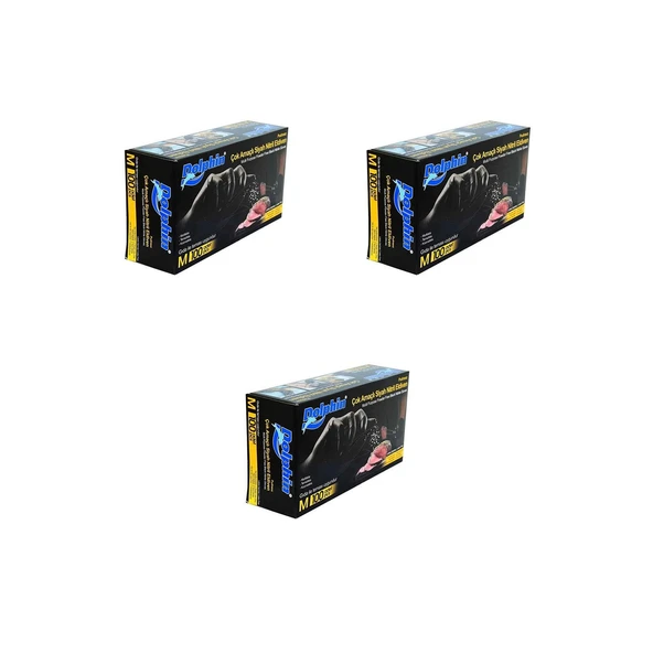 Dolphin Tek Kullanımlık Lateks Siyah Pudrasız Nitril Muayne Eldiveni Meidum Orta Boy - 100'lü 3Paket