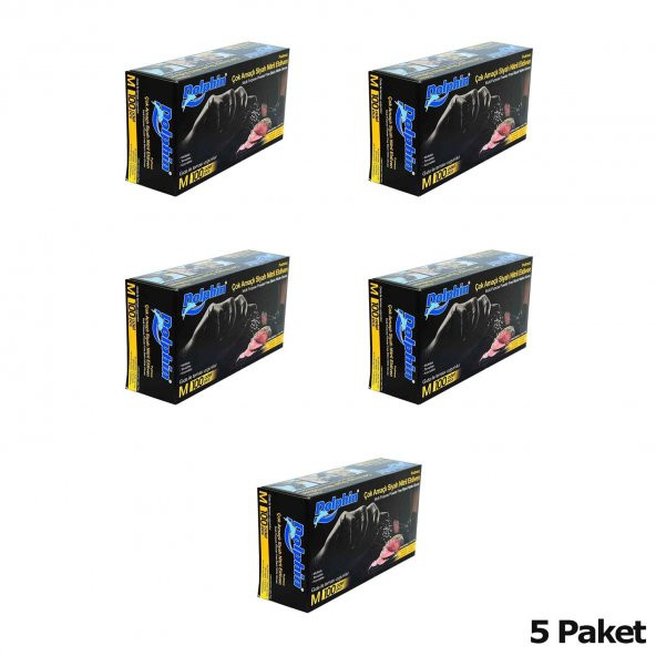 Dolphin Tek Kullanımlık Lateks Siyah Pudrasız Nitril Muayne Eldiveni Meidum Orta Boy - 100'lü 5Paket - 1