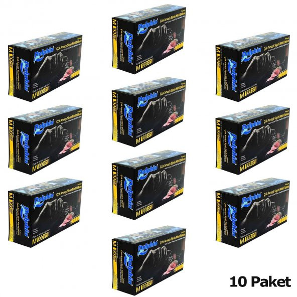 Dolphin Tek Kullanımlık Lateks Siyah Pudrasız Nitril Muayne Eldiveni Meidum - 100'lü 10 Paket - 2