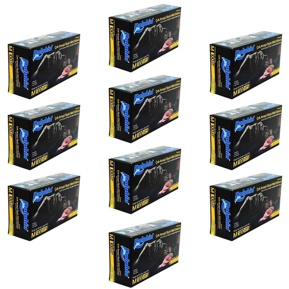 Dolphin Tek Kullanımlık Lateks Siyah Pudrasız Nitril Muayne Eldiveni Meidum - 100'lü 10 Paket ürün görseli