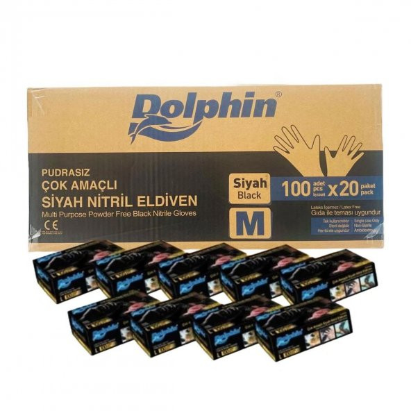 Dolphin Tek Kullanımlık Lateks Siyah Pudrasız Nitril Muayne Eldiveni Meidum - 100'lü 20 Paket