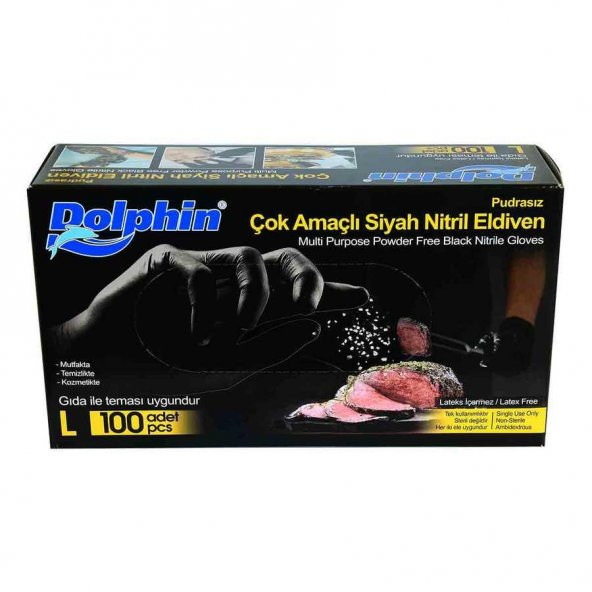 Dolphin Tek Kullanımlık Lateks Siyah Pudrasız Nitril Muayne Eldiveni Large Büyük Boy - 100'lü Paket