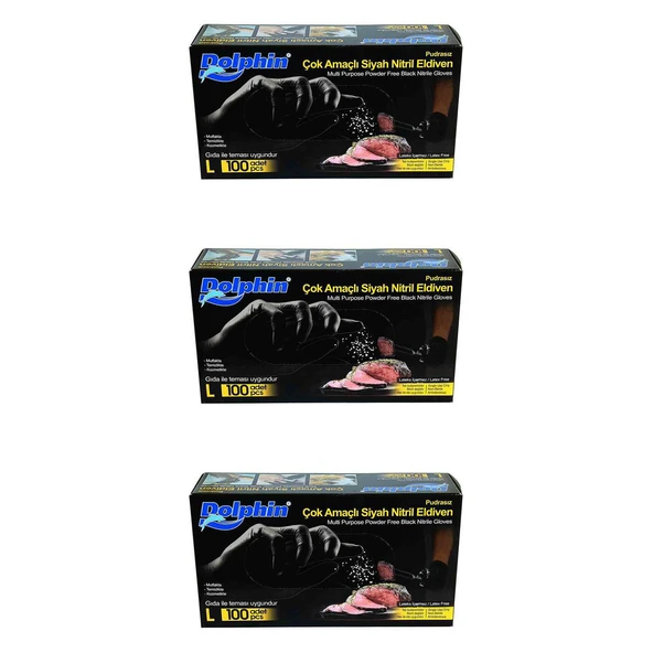 Dolphin Tek Kullanımlık Lateks Siyah Pudrasız Nitril Eldiven Large Büyük Boy -100'lü 3Paket