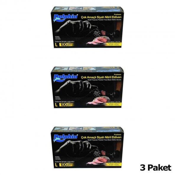 Dolphin Tek Kullanımlık Lateks Siyah Pudrasız Nitril Eldiven Large Büyük Boy -100'lü 3Paket - 2