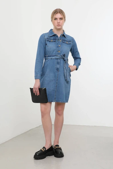 Kadın Uzun Kollu Jean Elbise Mavi - 9