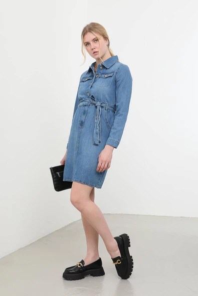 Kadın Uzun Kollu Jean Elbise Mavi - 3