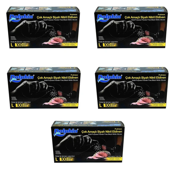 Dolphin Tek Kullanımlık Lateks Siyah Pudrasız Nitril Eldiven Large Büyük Boy -100'lü 5Paket