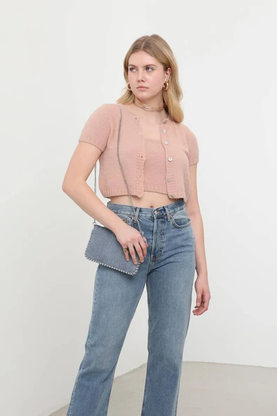 Peluş Hırkalı Crop Top Camel