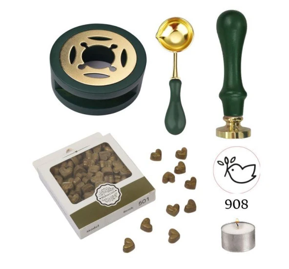 Davetiye Mum Mühürü Uygulama Seti Çim Yeşili Renk 908 Barış Güvercini ürün görseli