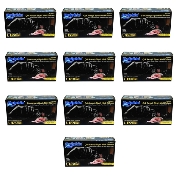 Dolphin Tek Kullanımlık Lateks Siyah Pudrasız Nitril Muayne Eldiveni Large - 100'lü 10 Paket